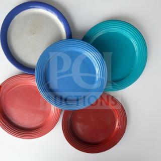 Set of five 9-inch commercial salad plates in various colors; heavy-duty, fully inspected, by Commercial Foodservice Supplier.