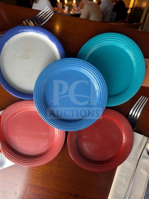 Set of 9 in heavy-duty salad plates, multicolored, superior condition, inspected for restaurant service, Commercial Foodservice Supplier.