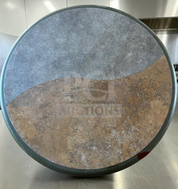 Round restaurant table top by Commercial Restaurant Furniture, laminate surface, earthy tones, excellent condition. Set of 2.