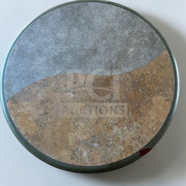 Round laminate dining table top in high-quality condition. Commercial grade, heavy-duty, mixed color surface, set of 2.