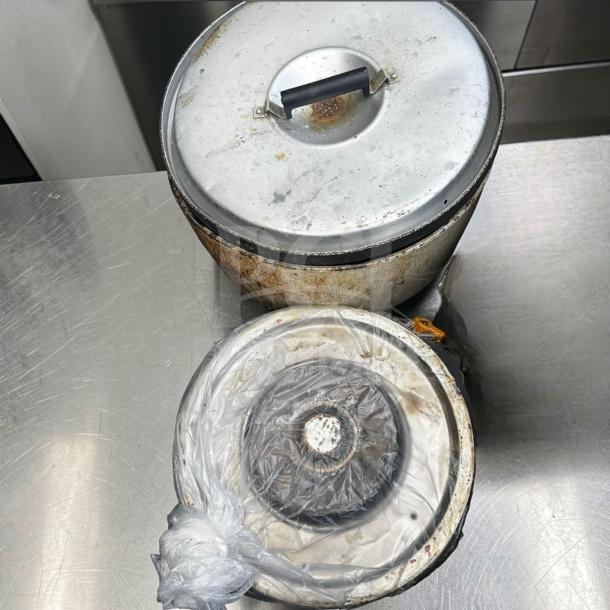 Commercial aluminum stock pot with lid. Heavy-duty, fully inspected, excellent condition for restaurant use. Model OAS-S-POT-0649.