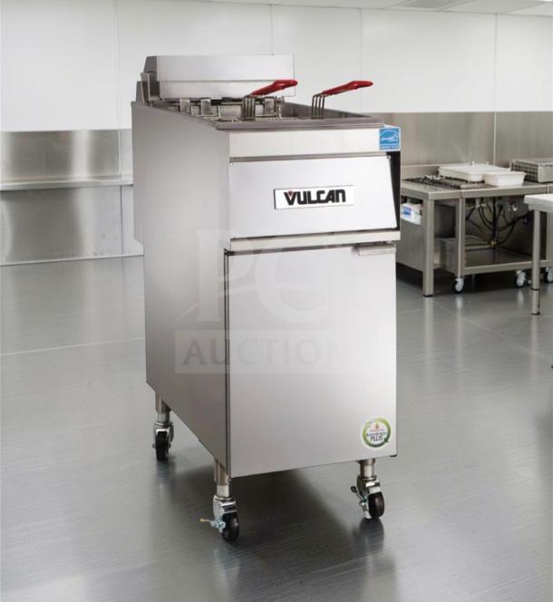 Vulcan 1ER50A commercial electric deep fryer, 50 lb oil capacity, 208V/3 Phase, excellent condition, fully tested, on casters.