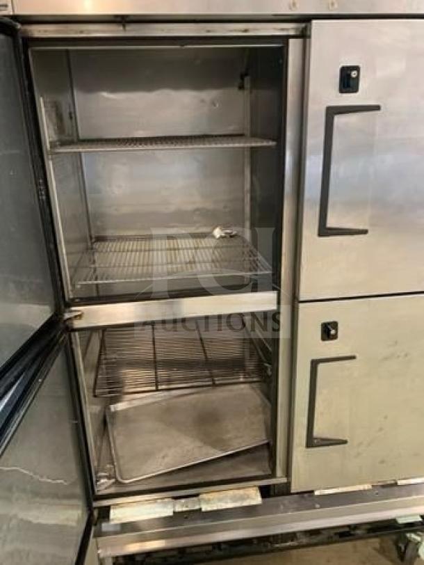 True T-49-4 commercial 4-door reach-in refrigerator in exceptional condition, stainless steel, with multiple shelves, made by True Manufacturing Co., Inc.