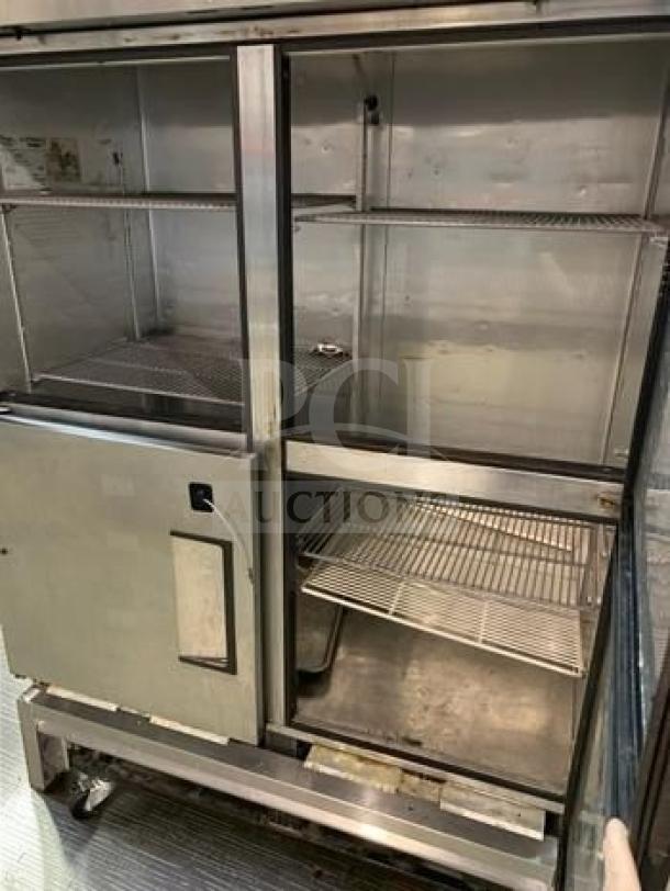 Stainless steel True T-49-4 commercial 4-door reach-in refrigerator in exceptional condition, shelves visible, fully operational.