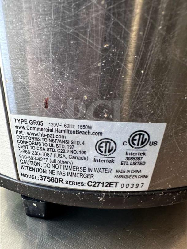 Stainless steel Proctor Silex 37560R commercial rice cooker, ETL & NSF listed, with visible label details and model number.