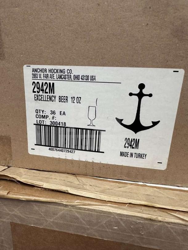 Anchor Hocking Excellency 2942M beer glasses, 12 oz, commercial stem glassware box label, made in Turkey.