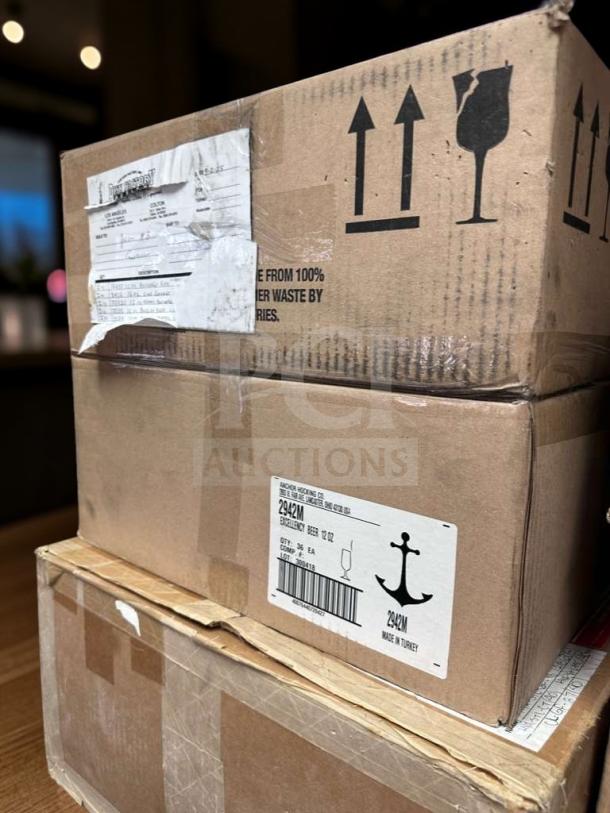 Box with Anchor Hocking label for 72 Excellency 2942M beer glasses, 10 oz, new condition, commercial use.