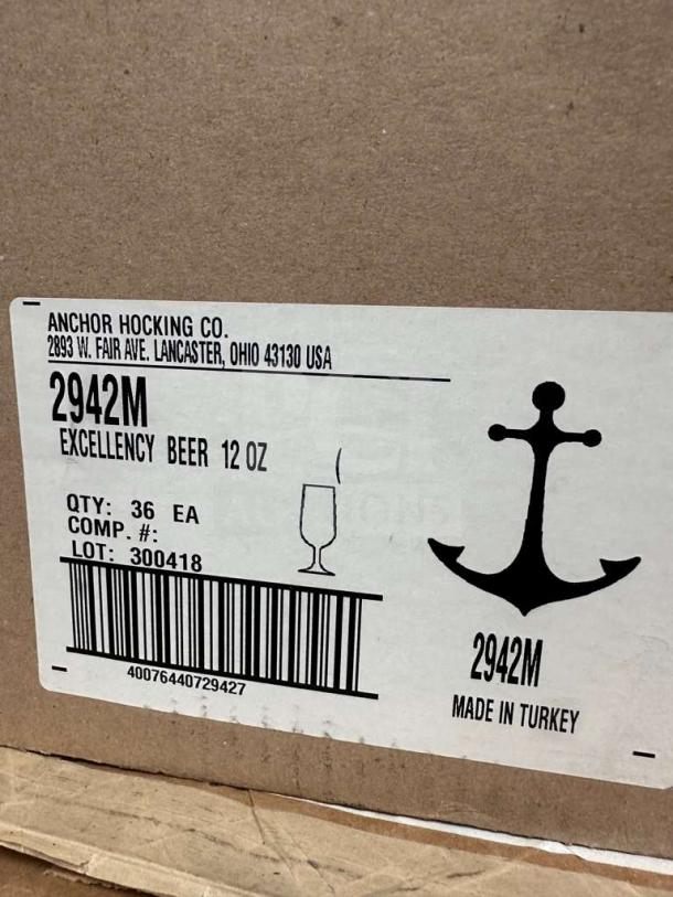 Auction item: Prime condition 10 oz Anchor Hocking Excellency 2942M beer glasses, commercial stem glassware, 72 count.