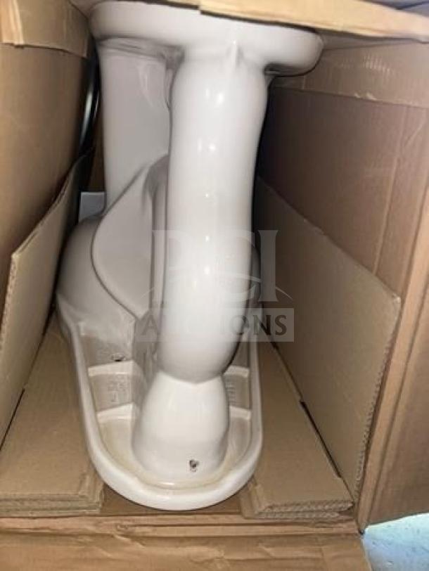 Brand new porcelain pedestal bathroom sink, model PED-S-SINK-0733, in original box, white ceramic finish.
