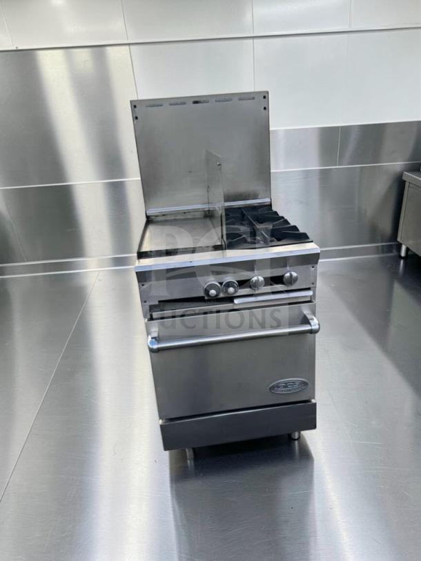 Southbend stainless steel commercial gas range with griddle, open burners, and oven base. Excellent condition, fully tested.