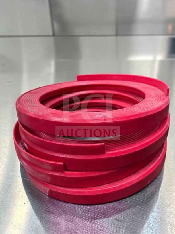 Red keg stackers set of 4, heavy-duty plastic, superior condition, stackable for brewery and bar storage. Model BAR-S-KEG-0740.