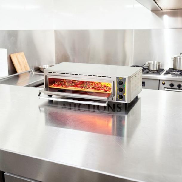 Superior condition Equipex PZ-4302D Sodir countertop pizza deck oven, commercial electric, 208–240V, fully tested.