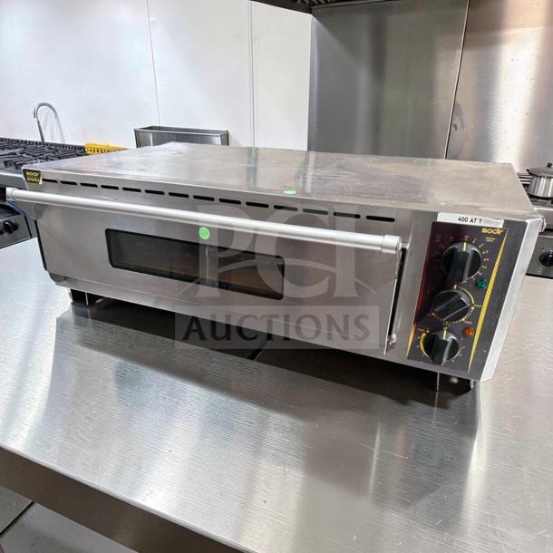 Superior condition Equipex PZ-4302D Sodir countertop pizza deck oven, commercial electric, stainless steel, fully tested.