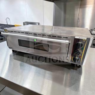 Superior condition Equipex PZ-4302D Sodir countertop pizza deck oven, commercial electric, stainless steel, fully tested.