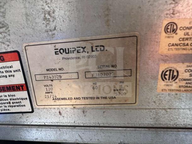 Equipex PZ-4302D Sodir pizza deck oven label showing model and serial number, 120 volts, 5700 watts, assembled in USA.