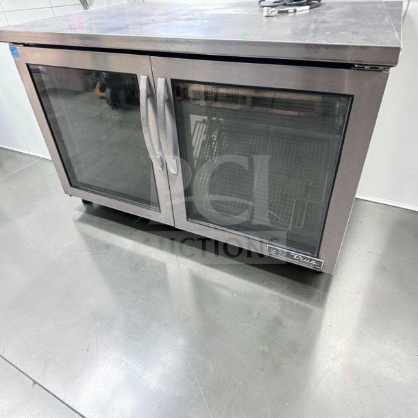 True TUC-48G-HC undercounter refrigerator, 48", 2 glass doors, stainless steel, excellent condition, 115V, fully operational.