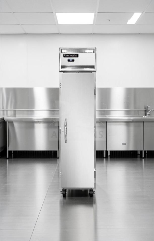 Continental Refrigerator 1RSE-N, stainless steel, narrow 18" reach-in design, excellent condition, fully tested, 115V.