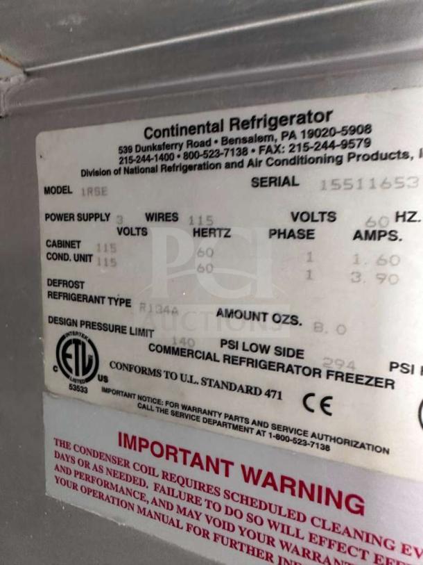 Continental Refrigerator 1RSE-N label detailing model, voltage 115V, refrigerant R134A, UL standard compliance.