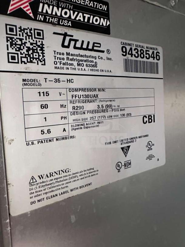 True T-35-HC refrigerator label showing model, serial number, voltage, refrigerant type, and safety warnings.