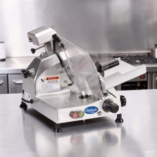 Globe C10 Chefmate manual meat slicer, 10" blade, belt-driven, stainless steel, excellent condition, 115V, commercial use.