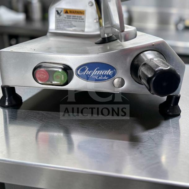 Globe C10 Chefmate manual meat slicer, 10" blade, stainless steel, belt-driven, 1/4 HP, like-new condition, 115V, tested.
