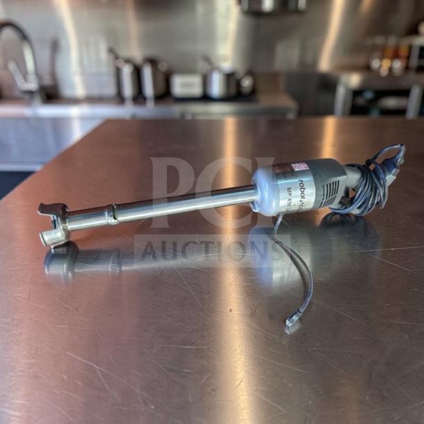 Superior condition Robot Coupe MP450 Turbo immersion blender with 37" stainless steel shaft, shown on a stainless steel surface.