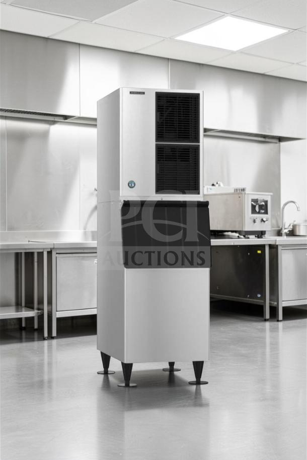 Stainless steel Hoshizaki KM-520MAJ commercial ice machine, 556 lb/day, with storage bin, air-cooled, fully operational.
