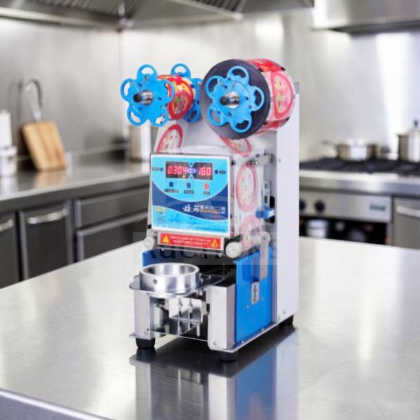 Outstanding condition ET-999SN Tabletop Cup Sealing Machine by Y-Fang, automatic stainless steel, fully tested, model ET999-M-SEAL-0791.