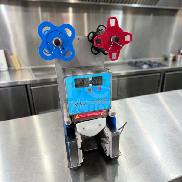 Y-Fang ET-999SN tabletop cup sealing machine, automatic beverage sealer, commercial stainless steel, excellent condition.