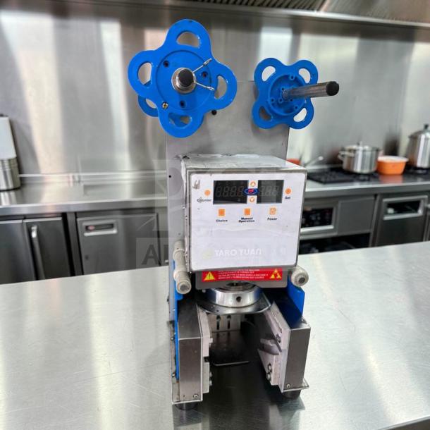 Y-Fang ET-99SU cup sealing machine, UL listed, 90–98mm, in exceptional condition, fully tested, digital display, blue knobs.