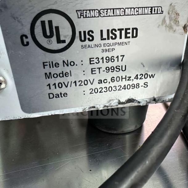 Y-Fang ET-99SU cup sealing machine, UL listed, model details visible. Features 110/120V, 60Hz, 420W. Fully tested.