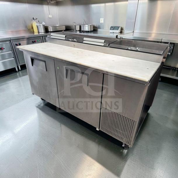 True TPP-AT-67-HC pizza prep table refrigerator, 67", marble top, 2-door base, excellent condition, fully operational, 115V.