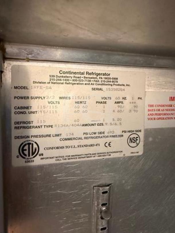 Continental D1RFESNSAHD reach-in refrigerator/freezer label showing model, specs, and certifications. Immaculate condition.