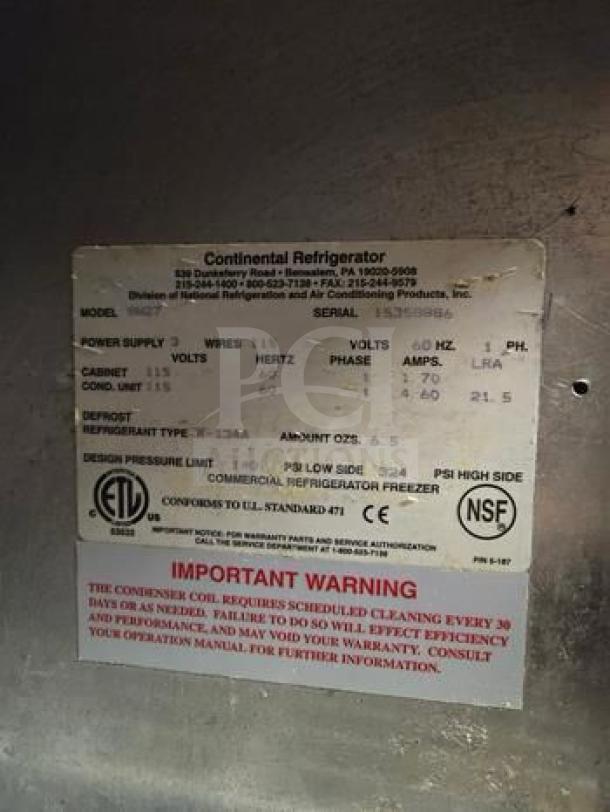 Continental Undercounter Refrigerator label with model, power, and safety details. Includes ELI and NSF certifications.