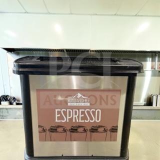 Stainless steel mobile espresso service cart, commercial build, 55", excellent condition, "Espresso" label, fully operational.