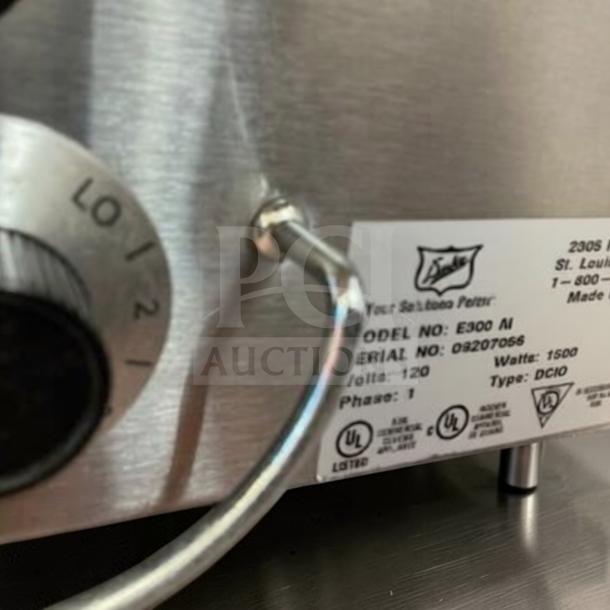 Duke E303 Aerohot Steam Table label showing model, serial number, and specifications. Stainless steel dial in view.