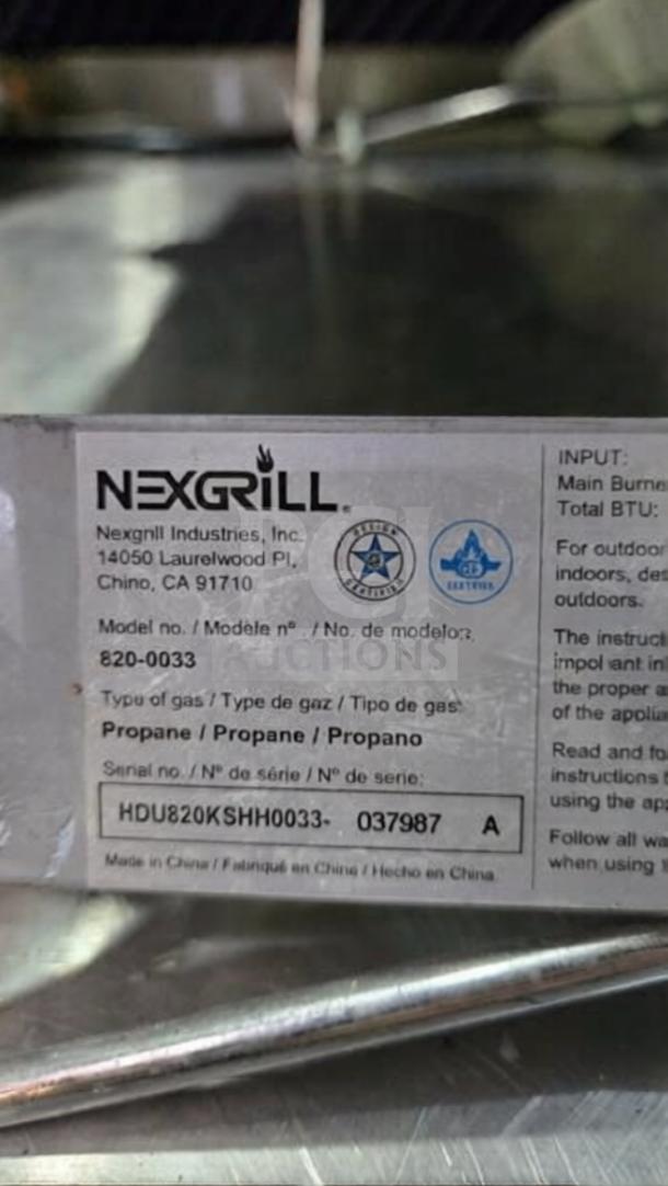 Nexgrill 2-Burner Portable Propane Gas Tabletop Grill, Model 820-0033, Stainless Steel, Serial No. HDU820KSHH0033-037987.