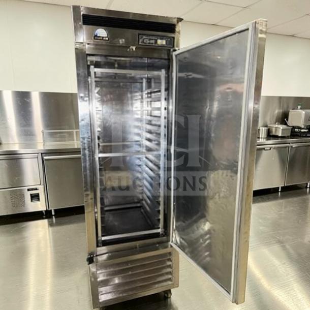 Blue Air BSR23-HC stainless steel commercial refrigerator, 26", bottom mount, elite condition, door open, fully tested.