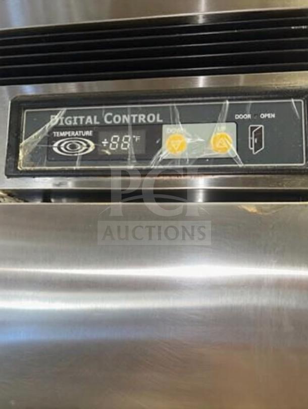 Stainless steel Blue Air BSR23-HC commercial refrigerator, digital control display showing temperature, elite condition.