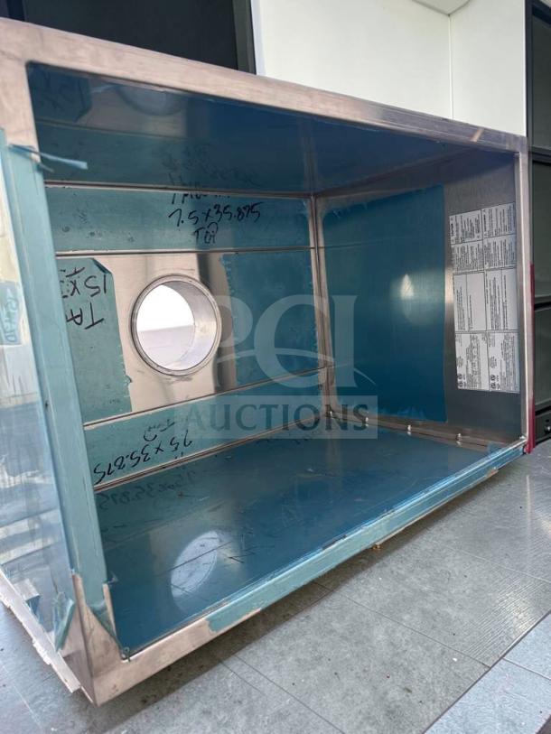 Commercial stainless steel vent hood, exceptional condition, blue protective film, NSF/ETL ready, model VENT-M-HOOD-0769.