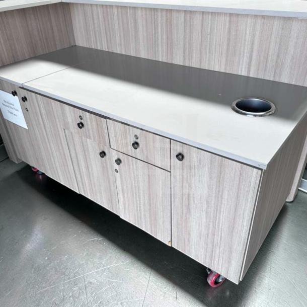72" commercial service counter with storage, trash cutout; laminate finish, fully functional, custom-built for restaurants.