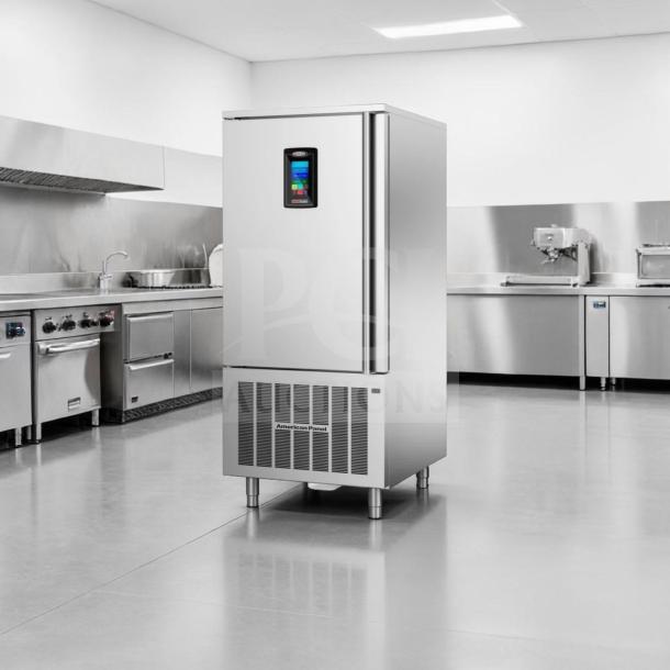 American Panel AP12BCF150-2-P blast chiller, 24-pan capacity, excellent condition, 208V/3PH, fully operational, commercial kitchen setting.