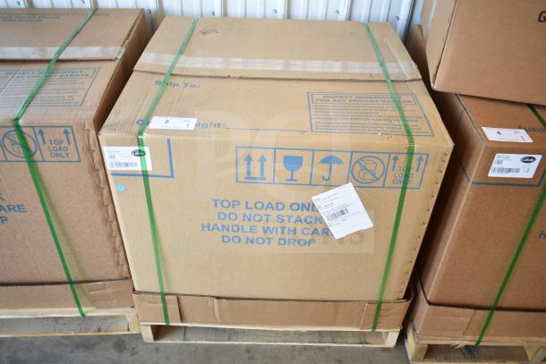 Boxed Globe SG13-84 commercial 13" slicer, scratch and dent, with blade sharpener. Labels indicate 110V, 1 Phase.