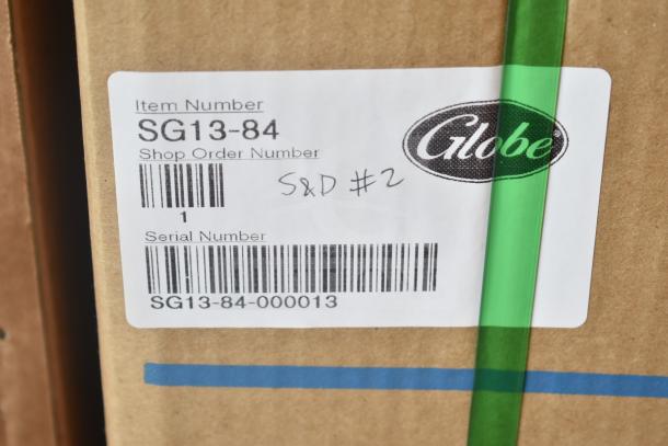 Globe SG13-84 commercial slicer, scratch and dent, late model, automatic, 13" blade with sharpener, 110V, 1 phase, new.