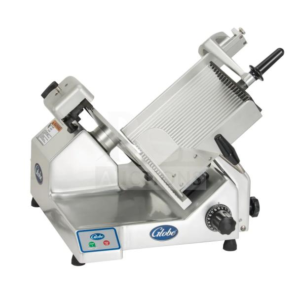 Globe SG13-84 commercial 13" slicer, brand new with minor scratches, includes blade sharpener, 110V, late model.