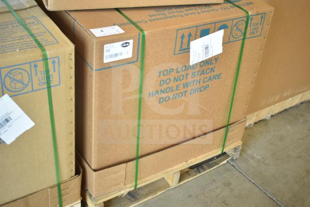 Brand new Globe SG13-84 Commercial 13" Premium Automatic Slicer and Blade Sharpener in shipping box. Labels show model and handling instructions.