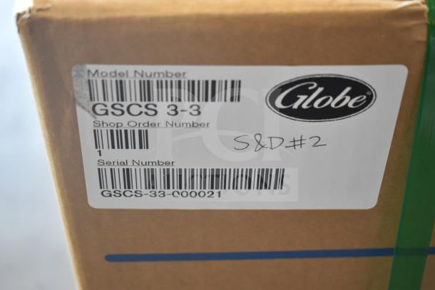 Brand new Globe GSCS3-3 cheese shredder, 230V, 3-phase, labeled "S&D#2". Model/Shop Order/Serial numbers shown.