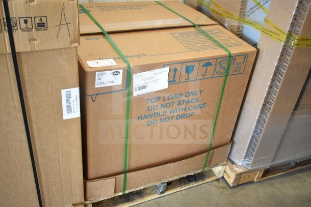 Globe SG13A Commercial Slicer in original packaging, labeled "Top Load Only," partially visible on shipping pallet.