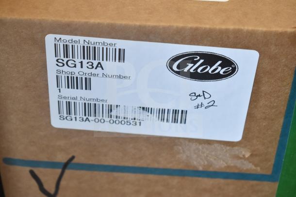 Globe SG13A commercial slicer box label showing model, shop order number, and serial number. 110V, 1 Phase.