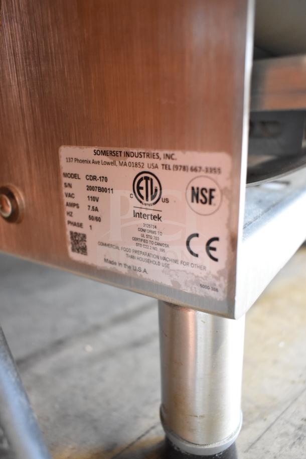 Somerset CDR-170 dough moulder label, showing model and specs: 110V, 7.5A, 1 phase. ETL and NSF certified, made in USA.